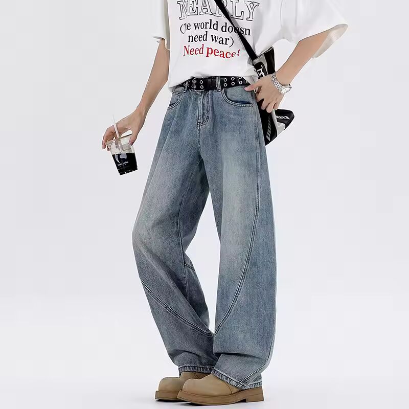 Men's Vintage Jeans Fashion Washed Street Casual Wide Leg Denim Pants Summer Male Mopping Trousers baggy Hip Hop Style Korean