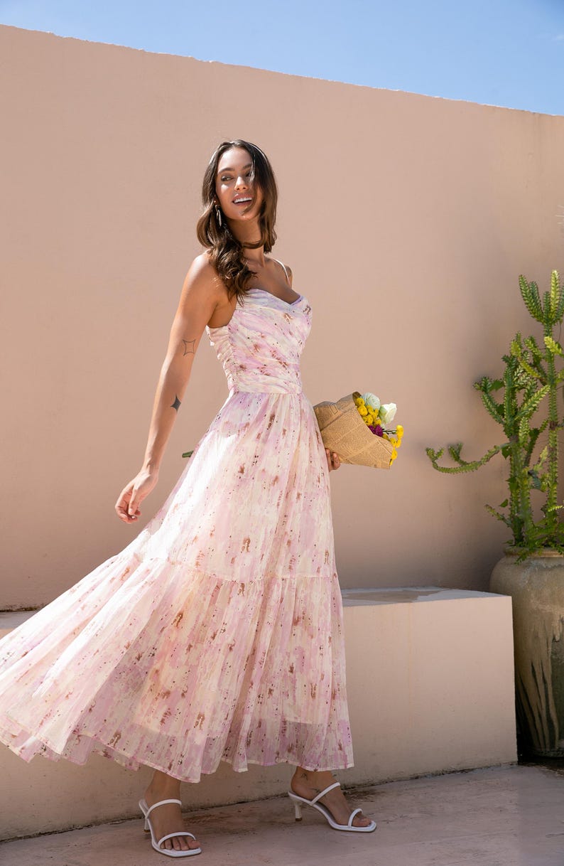 Spring Floral Maxi Dress | Blush Pink A-line Gown | Ruffle Shoulder Elegant Day Dress | Boho Chiffon Picnic Outfit for Spring & Summer