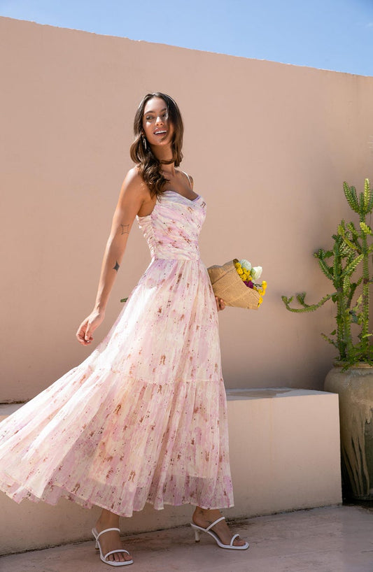 Spring Floral Maxi Dress | Blush Pink A-line Gown | Ruffle Shoulder Elegant Day Dress | Boho Chiffon Picnic Outfit for Spring & Summer